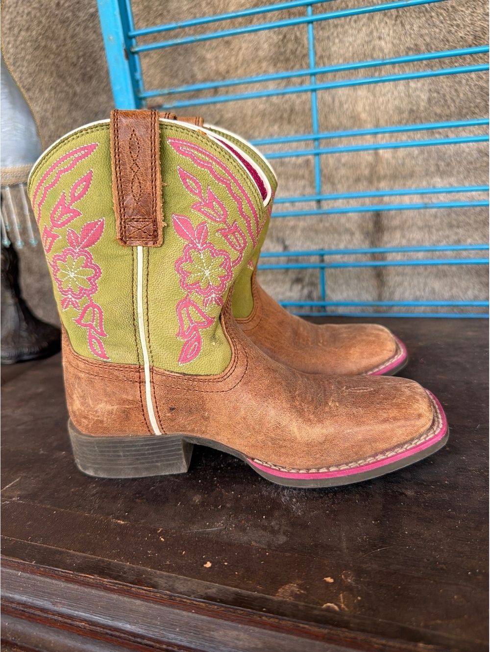 Ariat Girls Brown Leather Western Cowboy Boots with Green and Pink Embroidery,